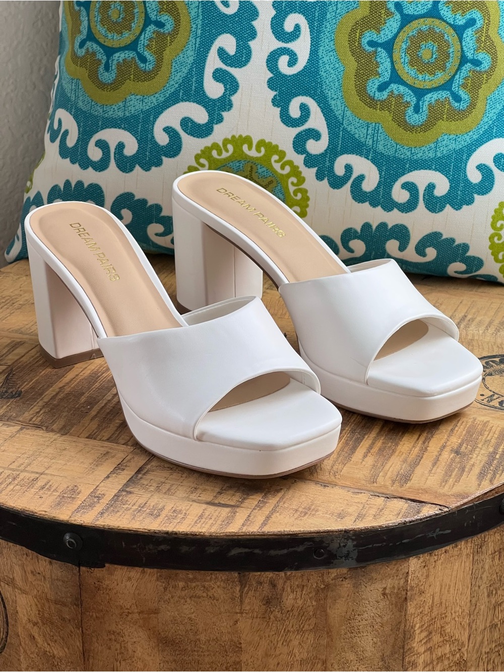 Dream Paris White Platform Block Heel Slide Sandals Size 7.5